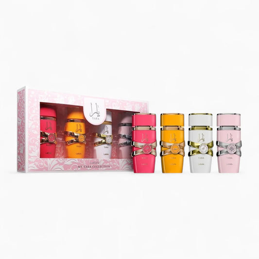 Set of four colorful perfume bottles with a decorative box on a white background