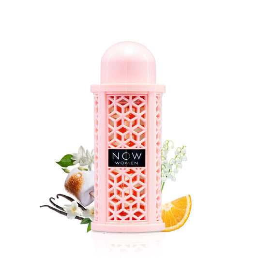 Pink perfume bottle with geometric design and 'NOW Women' label on a white background