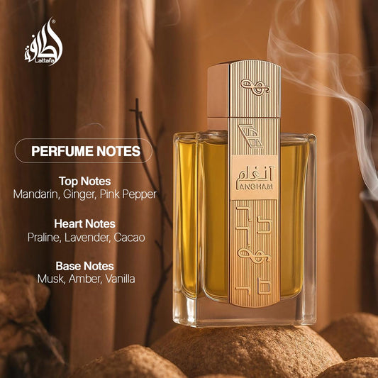 Angham perfume bottle with fragrance notes on a warm-toned background