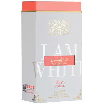 Lattafa Ana Abiyedh Coral EDP bottle with pink juice & gold accents