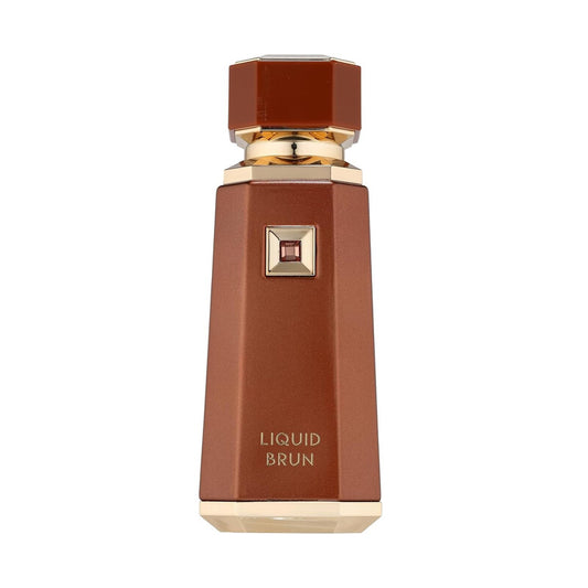 Brown perfume bottle with gold accents on a white background