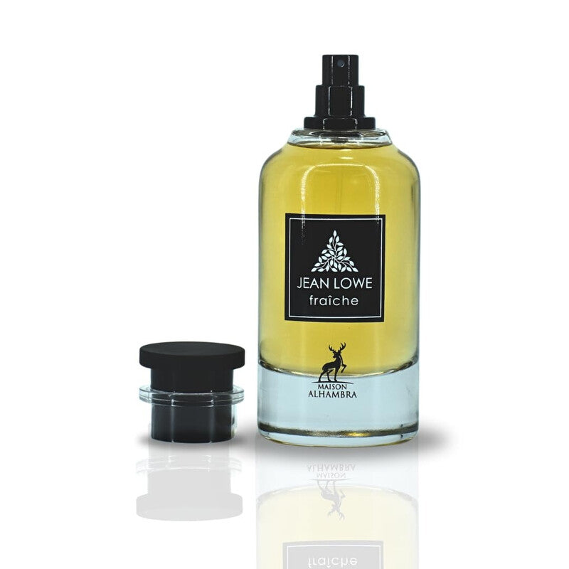 Perfume bottle with black cap and visible brand logo on a white background