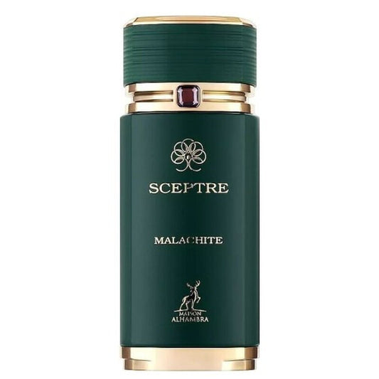Green bottle with gold cap and Malachite label on a white background