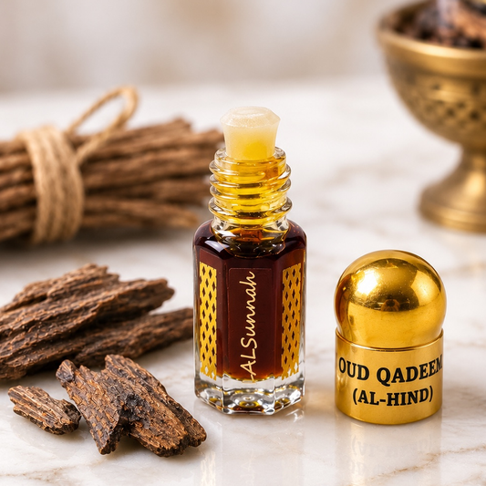 Oud Qadeem Al-Hind by AlSunnah 3ml pure oud oil open bottle on marble