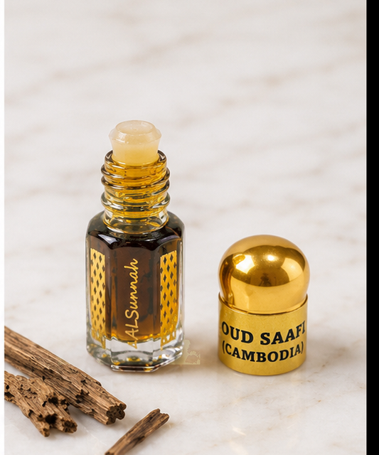 Oud Saafi Cambodia by AlSunnah 3ml pure oud oil open bottle on marble