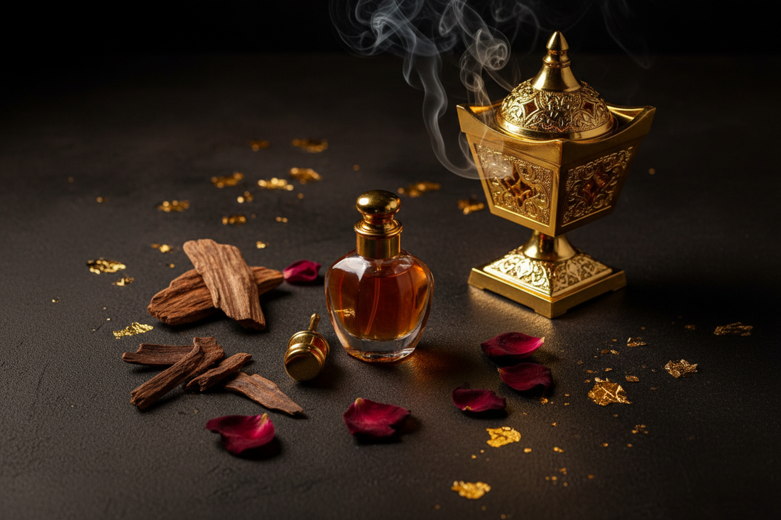 Luxury Arabian attar perfume oil bottles with oud wood chips and rose petals — halal fragrance guide at AlSunnah Corner