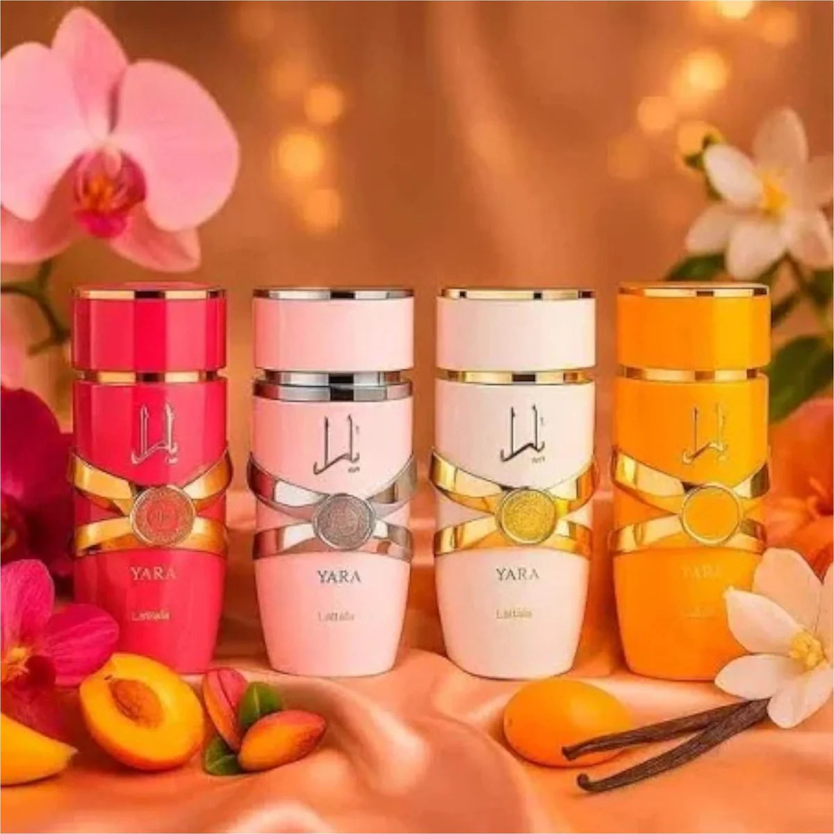 Four Yara pink, yellow, white, and dark pink with flowers and fruits on a warm-toned background.