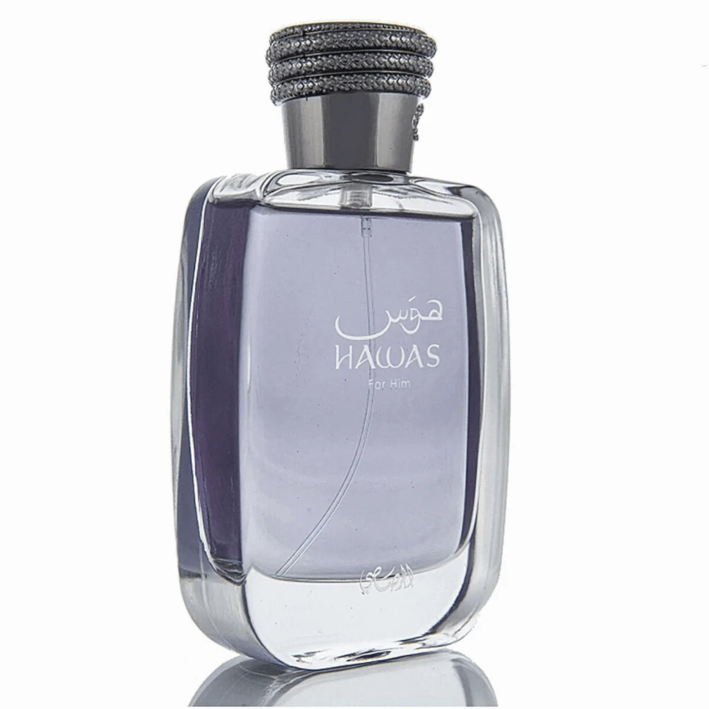 Perfume bottle labeled 'Hawas' on a white background