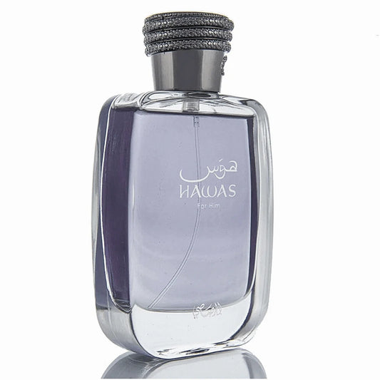 Perfume bottle labeled 'Hawas' on a white background