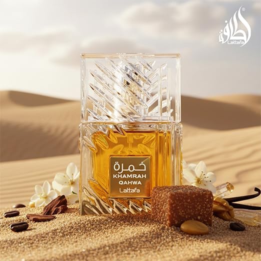 Perfume bottle with 'Khamrah Qahwa' on a desert background