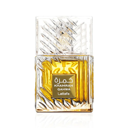Perfume bottle with gold liquid and 'Khamrah Qahwa' branding on a white background