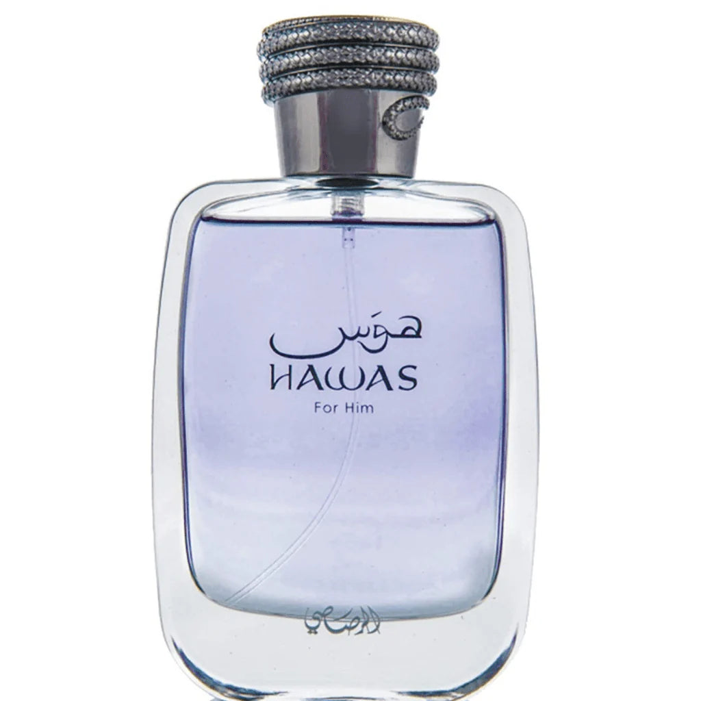 Perfume bottle labeled 'Hawas for Him' on a white background