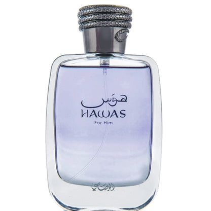 Perfume bottle labeled 'Hawas for Him' on a white background