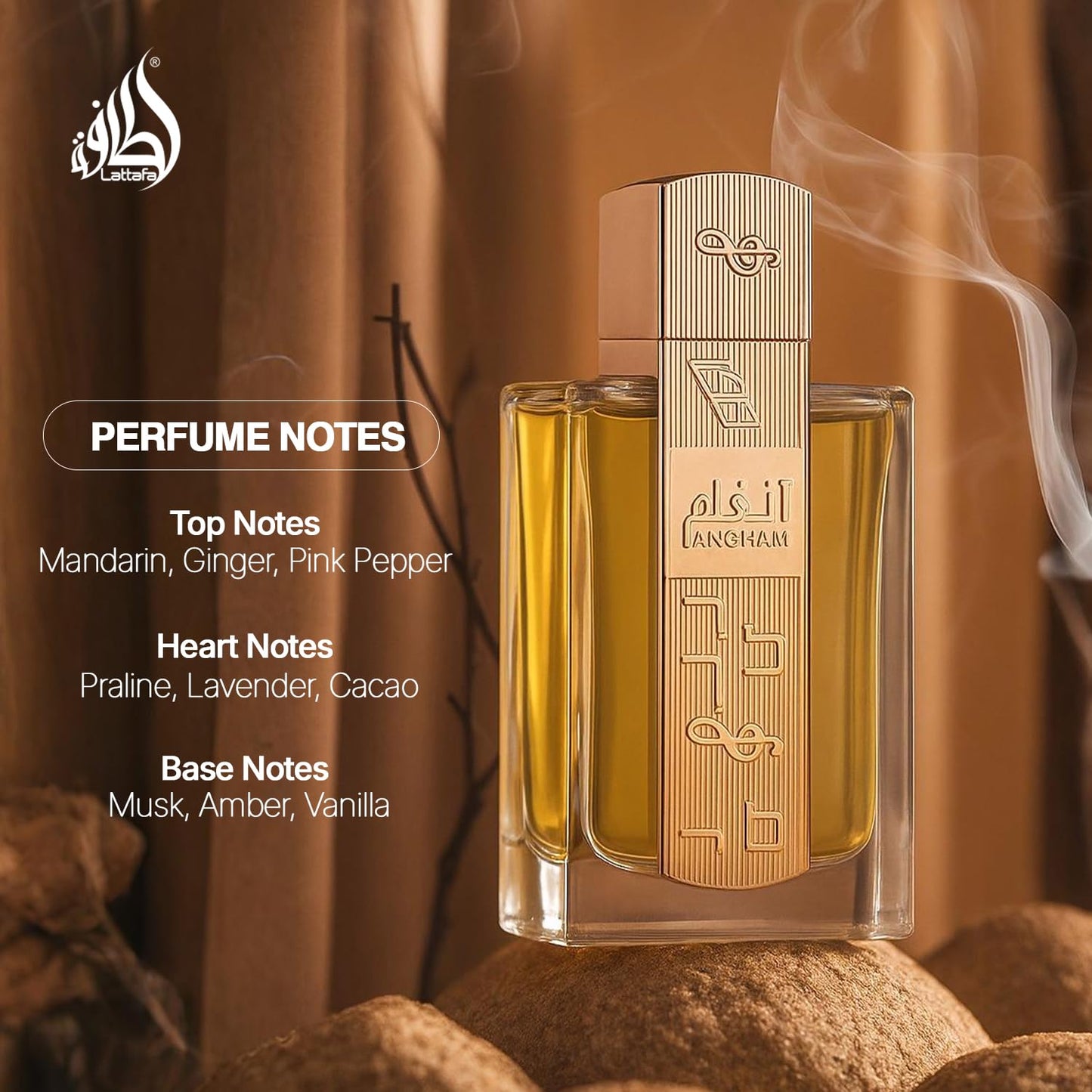 Angham perfume bottle with fragrance notes on a warm-toned background