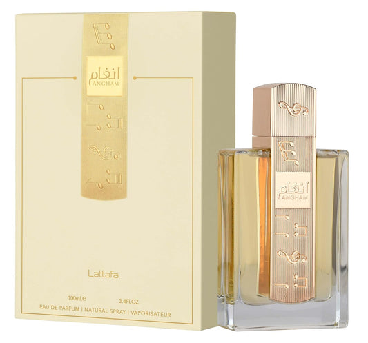 Lattafa perfume bottle and packaging on a white background