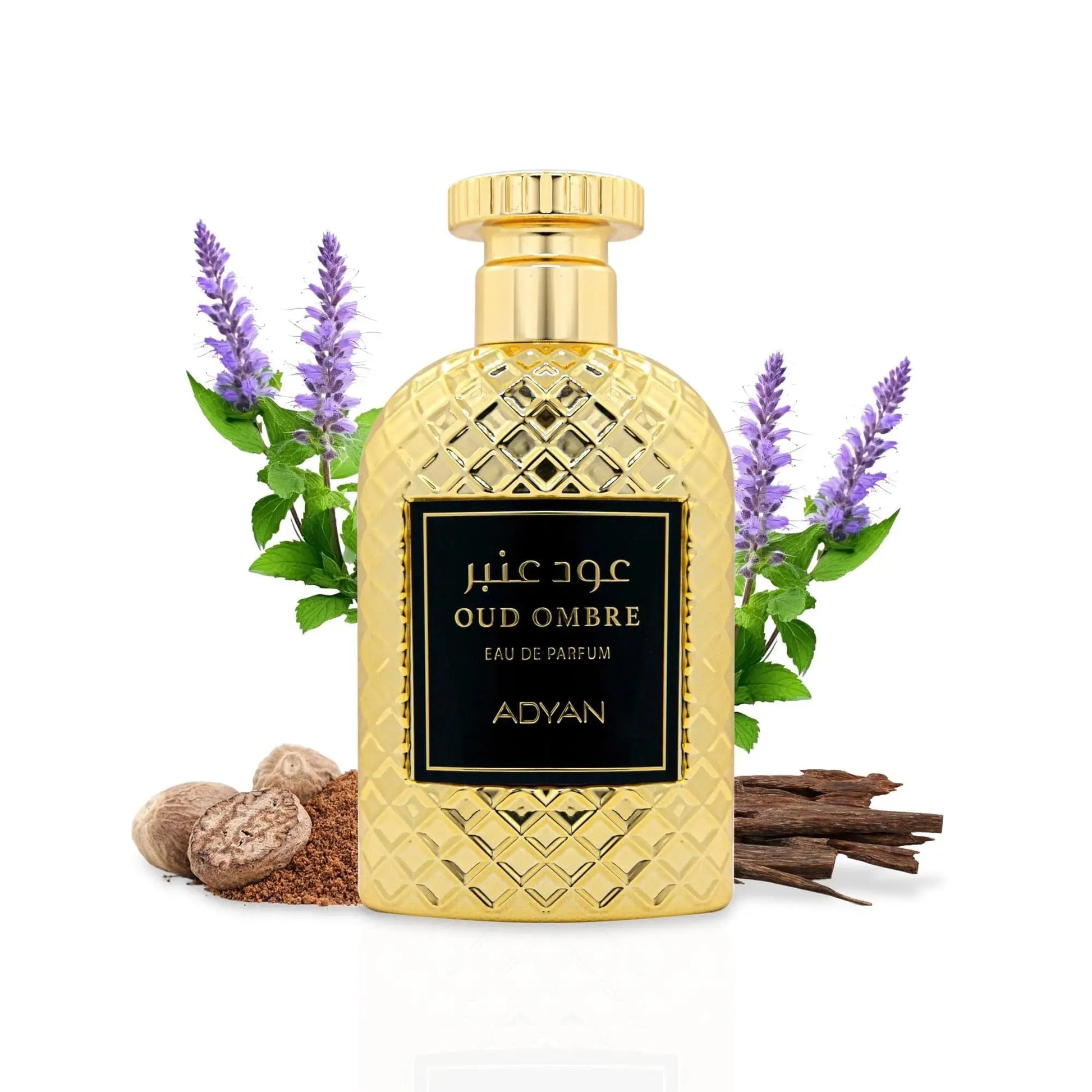 Gold bottle of Oud Ombre perfume by Adyan with lavender and vanilla beans on a white background