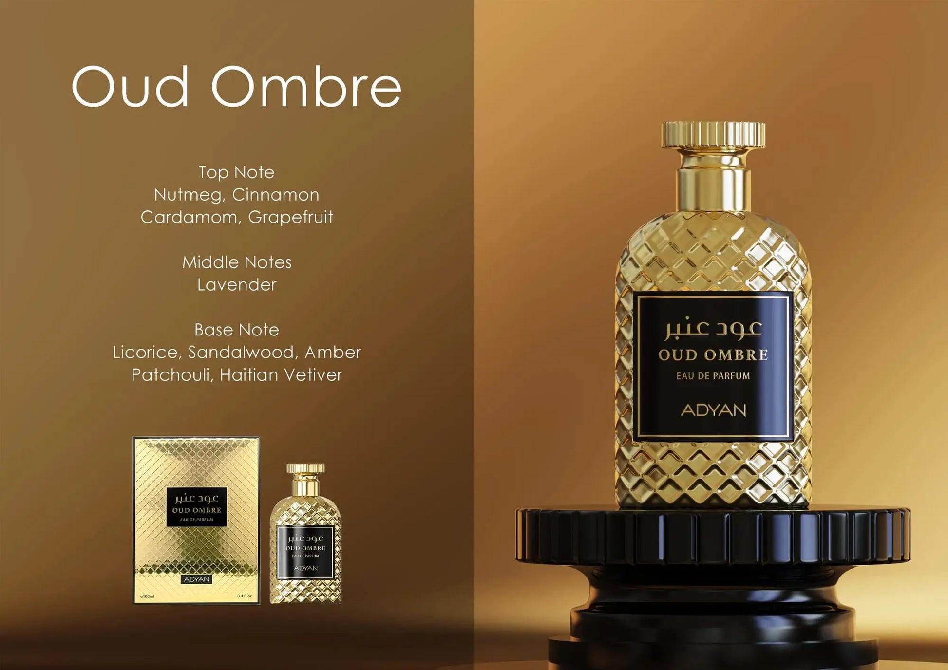 Adyan Oud Ombre Eau de Parfum 100ml fragrance notes and bottle display