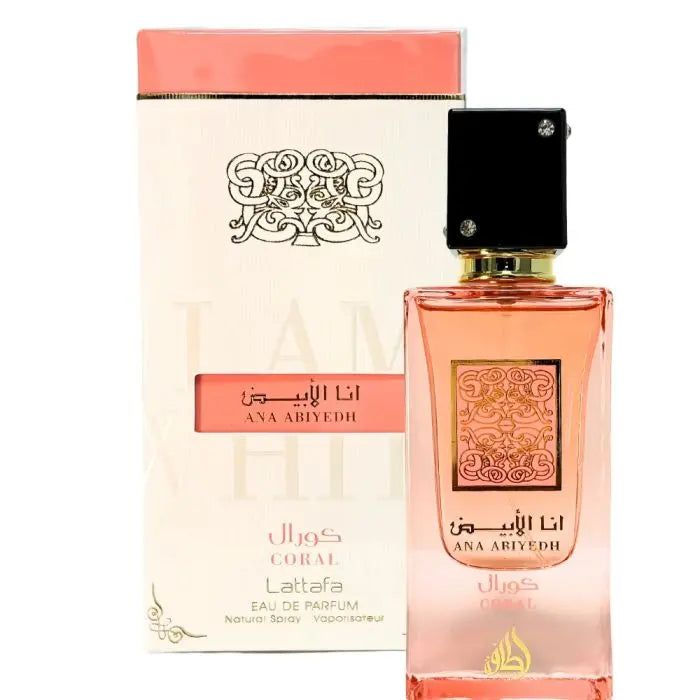 Lattafa Ana Abiyedh Coral EDP bottle with pink juice & gold accents