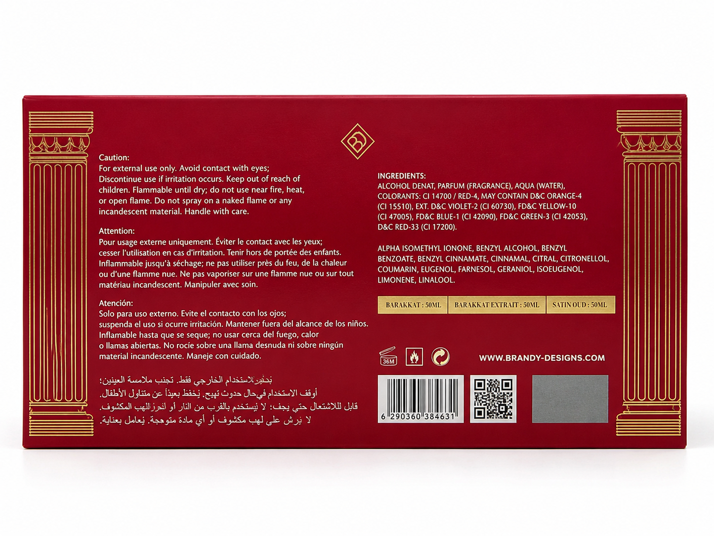 Red box with gold accents and text on a white background