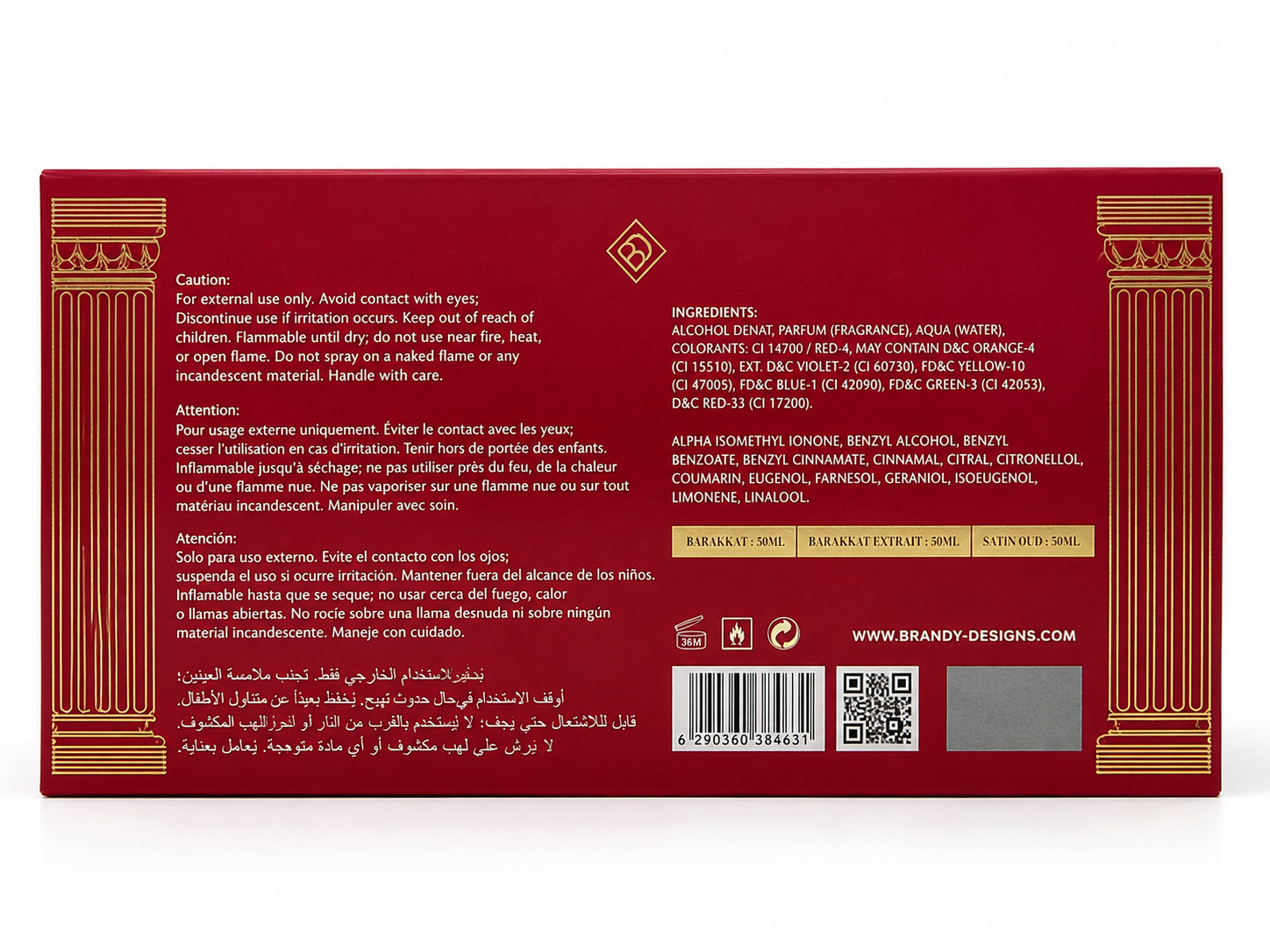 Red box with gold accents and text on a white background
