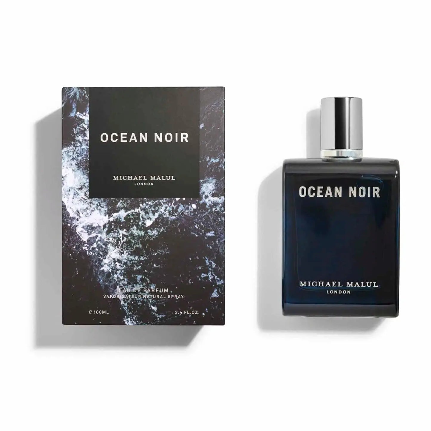 Michael Malul Ocean Noir EDP bottle with blue-toned luxury packaging
