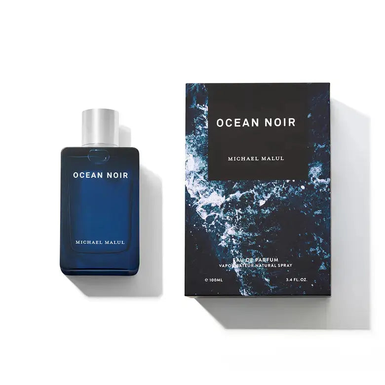 Perfume bottle and packaging of 'Ocean Noir' by Michael Matus on a white background