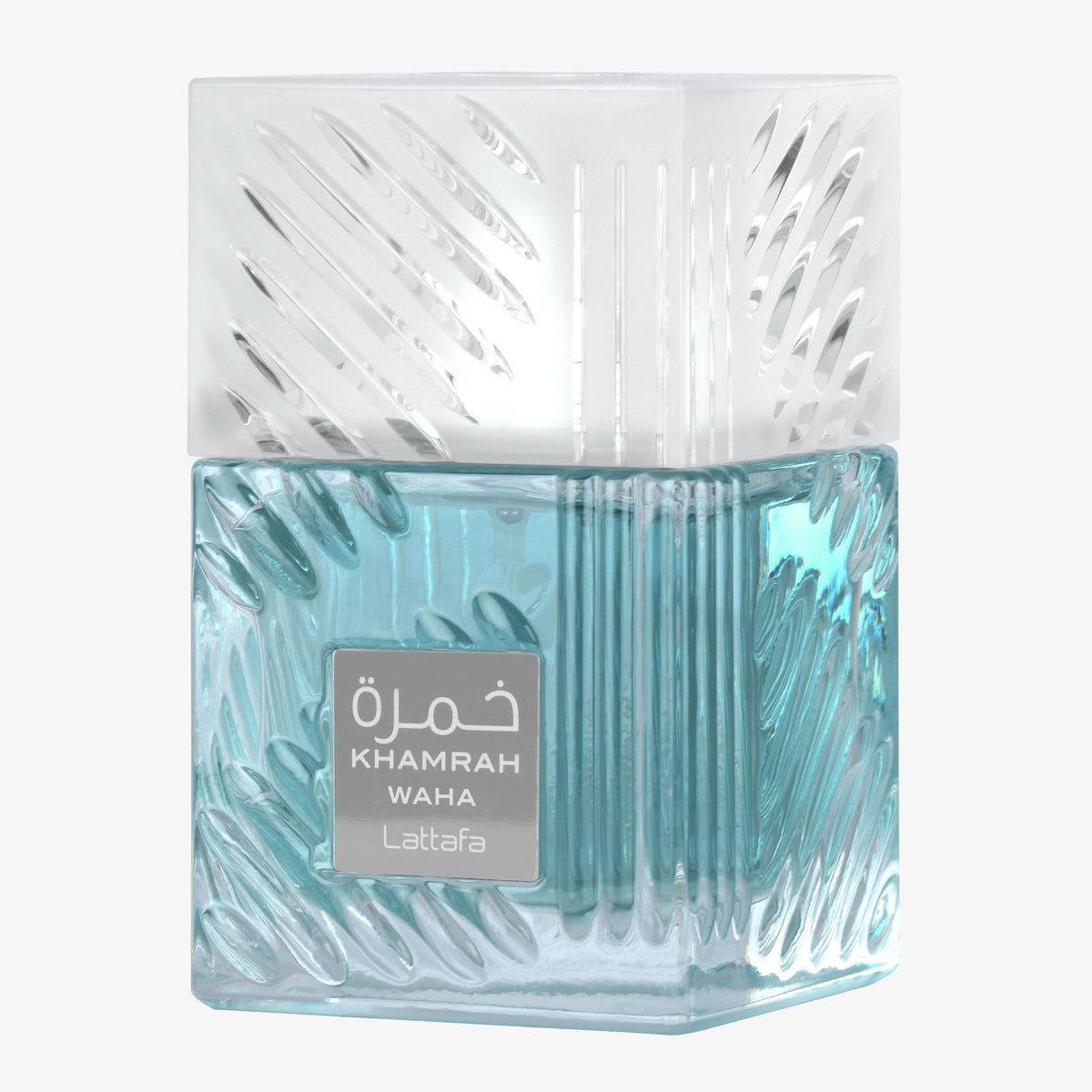 Lattafa Khamrah Waha 100ml sculpted glass bottle, side view