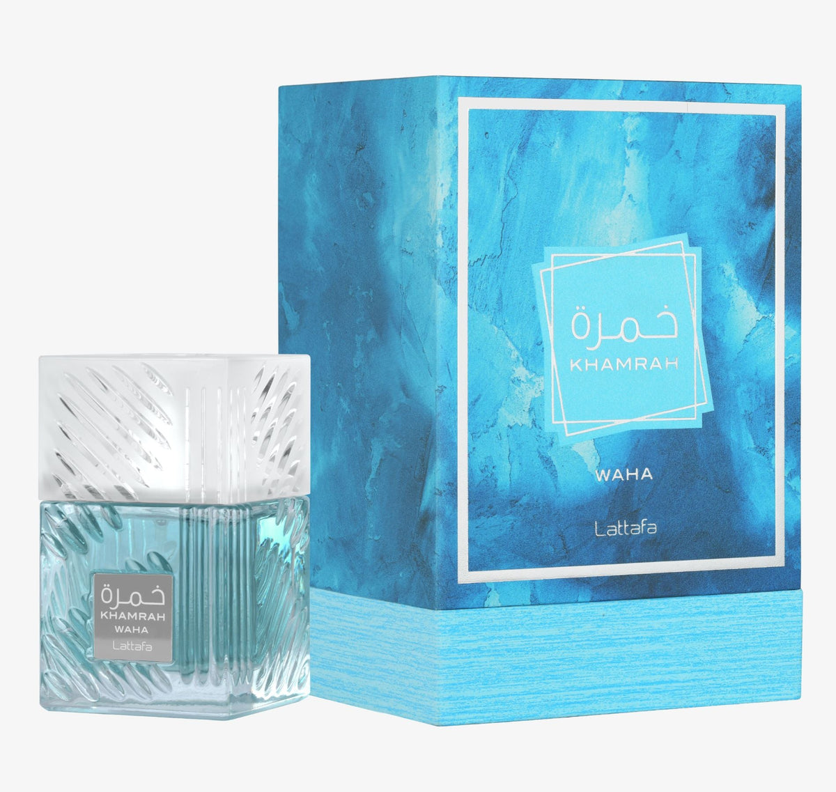 Lattafa Khamrah Waha Eau de Parfum 100ml bottle with blue box