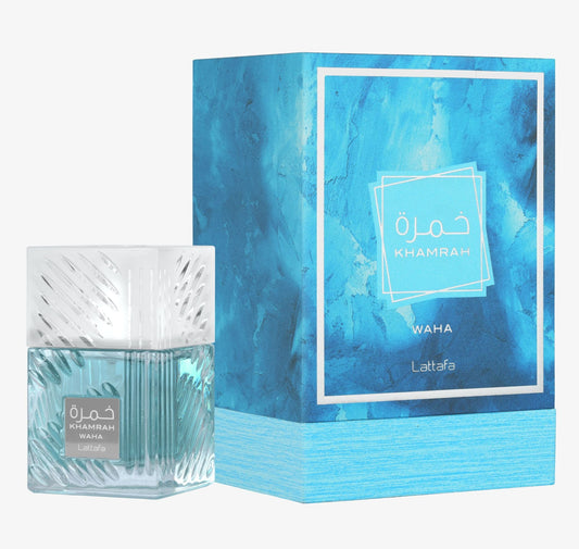 Lattafa Khamrah Waha Eau de Parfum 100ml bottle with blue box