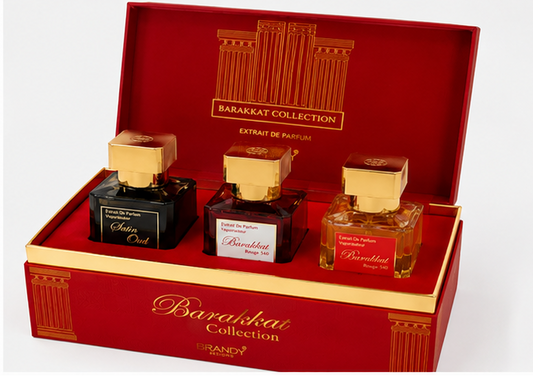 Barakat Collection perfume set with three bottles in a red and gold box.