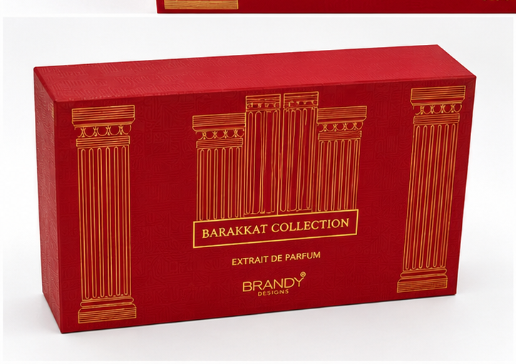 Red box with gold detailing featuring 'Barakkat Collection' on a white background