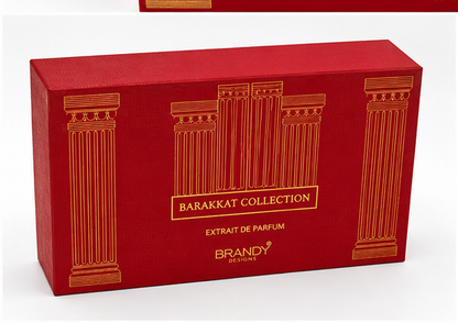 Red box with gold detailing featuring 'Barakkat Collection' on a white background