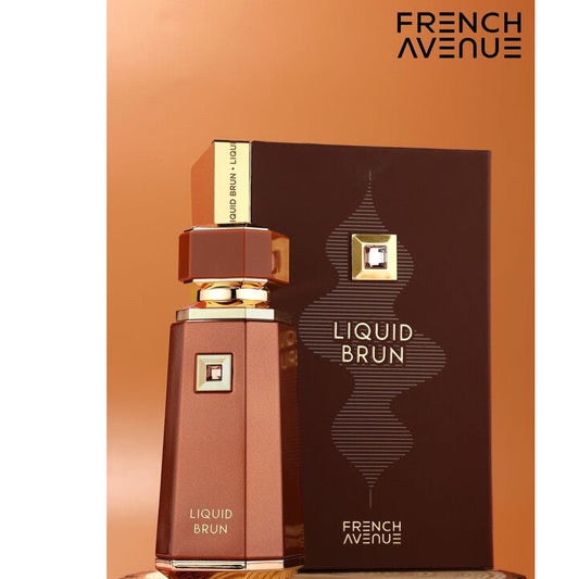 Brown perfume bottle with gold accents on a 'French Avenue' packaging