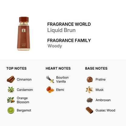Fragrance World Liquid Brun product with fragrance notes on a white background