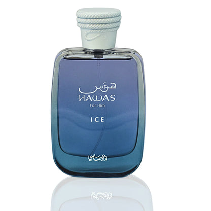 Blue perfume bottle labeled 'Hawas for Him Ice' on a white background