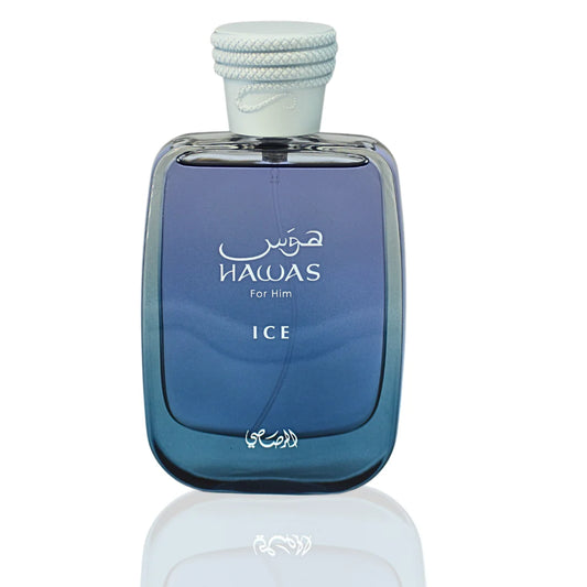 Blue perfume bottle labeled 'Hawas for Him Ice' on a white background