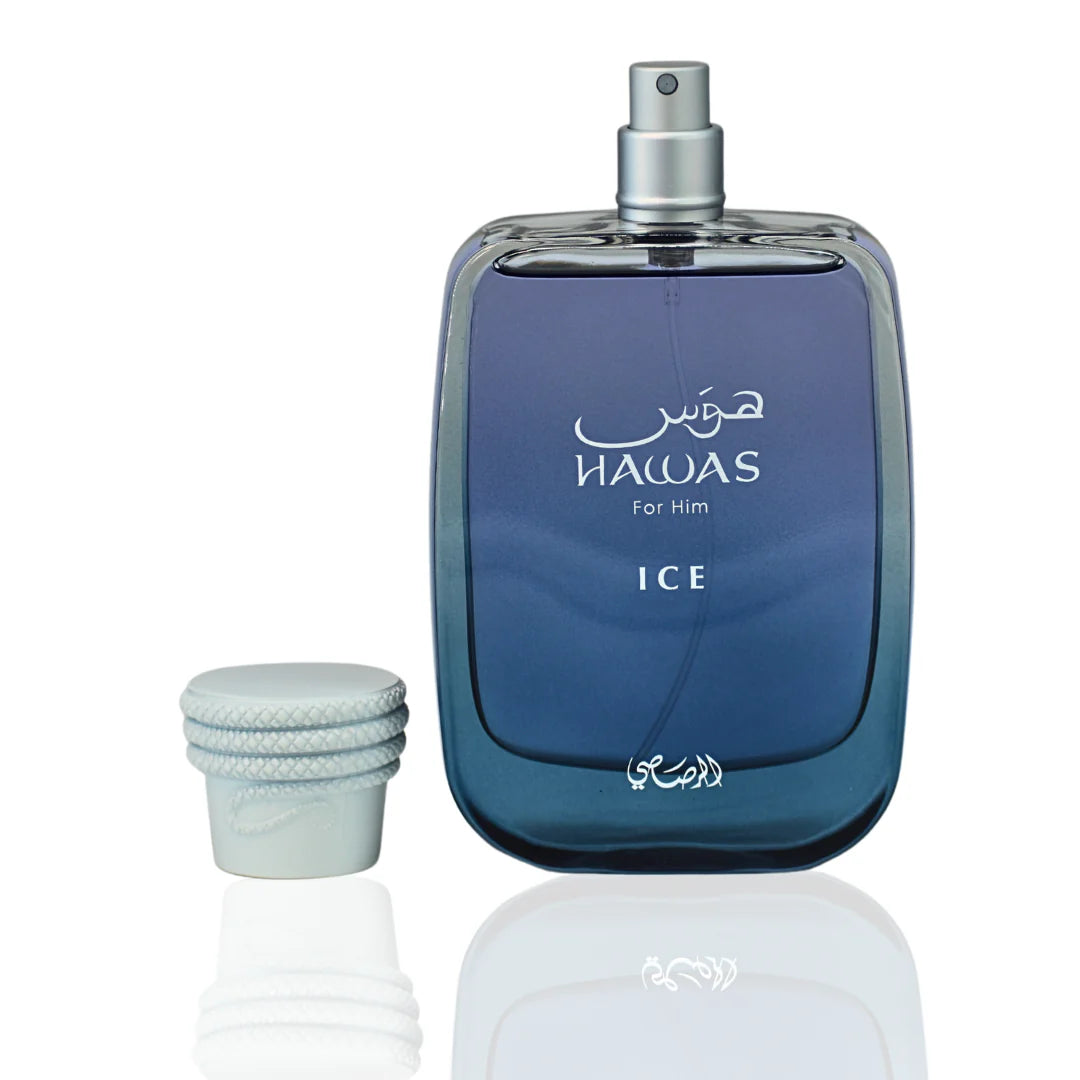 Blue perfume bottle labeled 'Hawas for Him Ice' on a white background