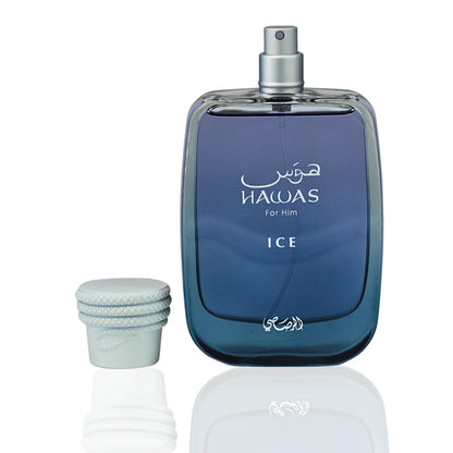 Blue perfume bottle labeled 'Hawas for Him Ice' on a white background