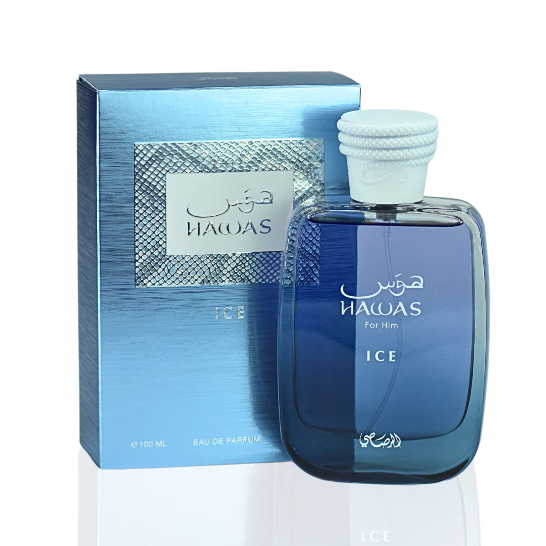 Blue perfume bottle and packaging with 'Hawas' branding on a white background