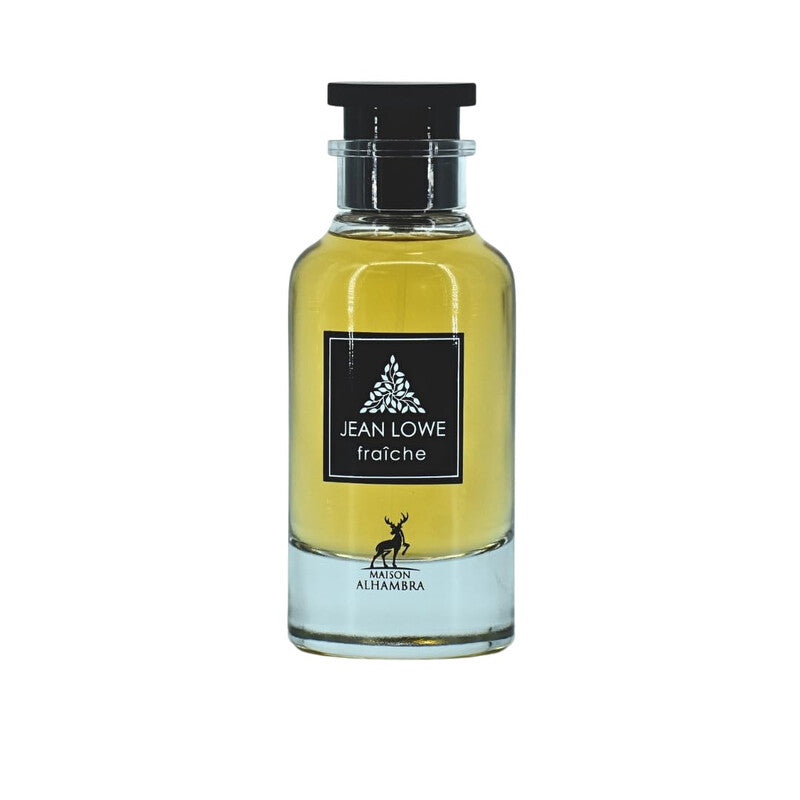 Perfume bottle labeled 'Jean Lowe Fraçè' on a white background