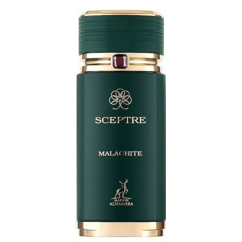Green bottle with gold cap and Malachite label on a white background