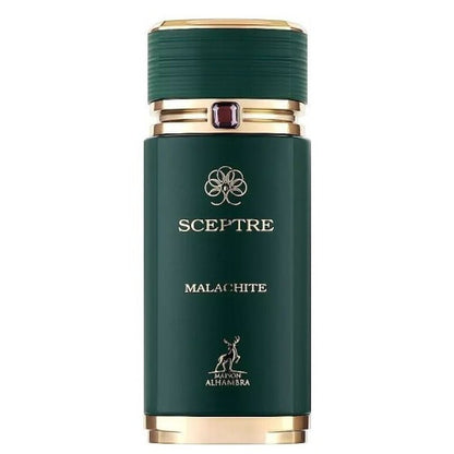 Green bottle with gold cap and Malachite label on a white background