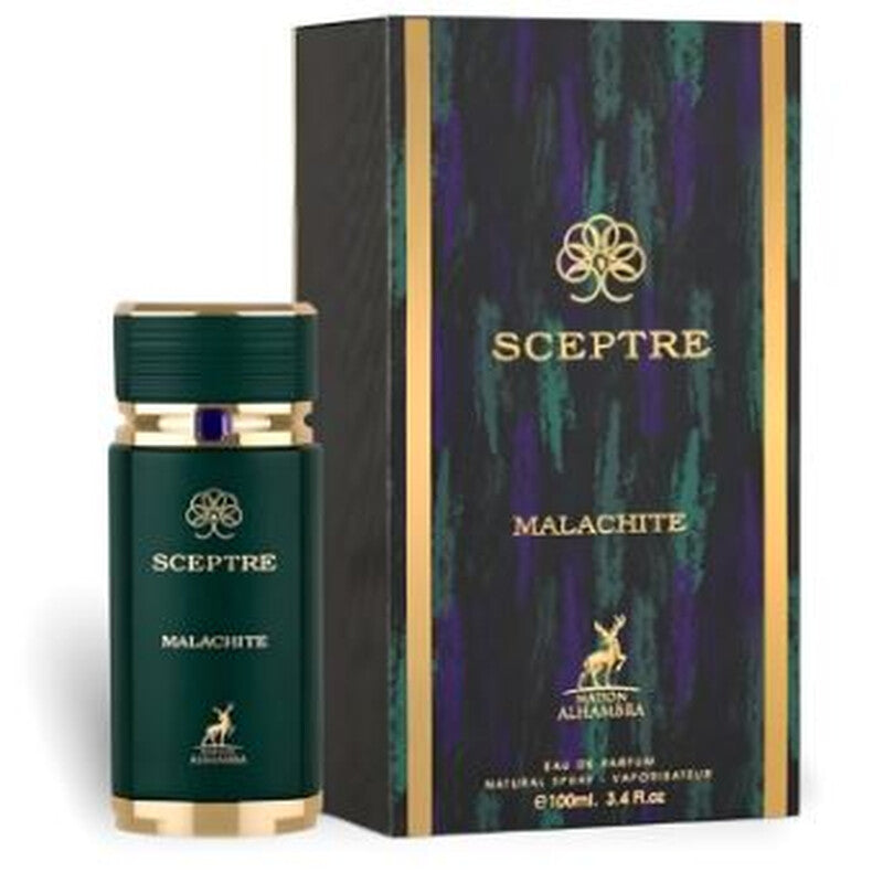 Sceptre Malachite perfume bottle and packaging on a white background