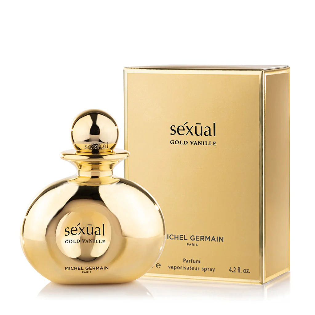Gold perfume bottle and packaging of Michel Germain 'Sexual Gold Vanille' on a white background