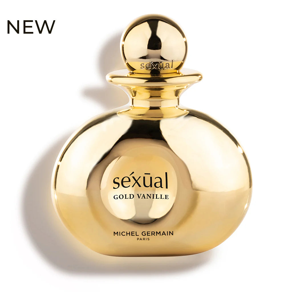 Gold perfume bottle labeled 'sexual Gold Vanille' by Michel Germain on a white background