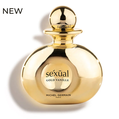 Gold perfume bottle labeled 'sexual Gold Vanille' by Michel Germain on a white background