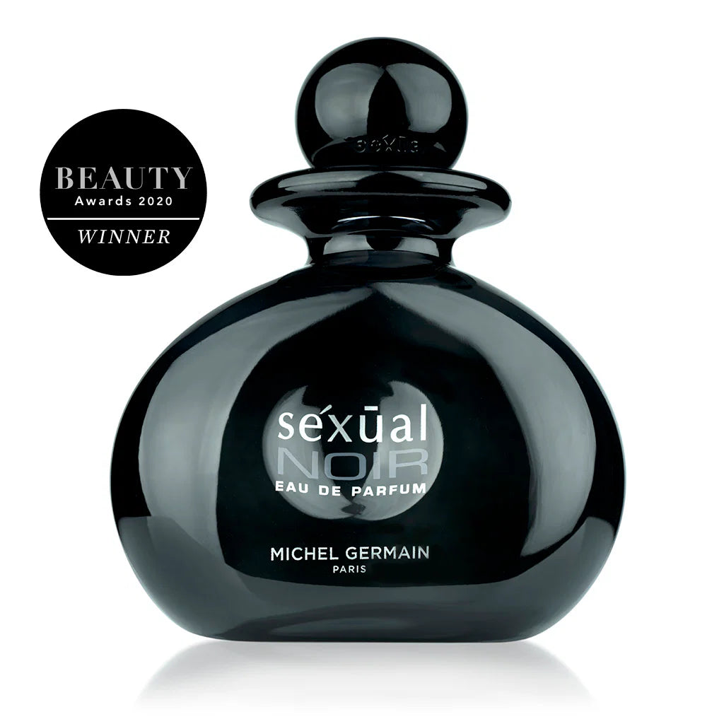 Black perfume bottle labeled 'Sexual Noir' by Michel Germain on a white background with a Beauty Awards 2020 winner badge.