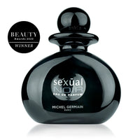 Black perfume bottle labeled 'Sexual Noir' by Michel Germain on a white background with a Beauty Awards 2020 winner badge.