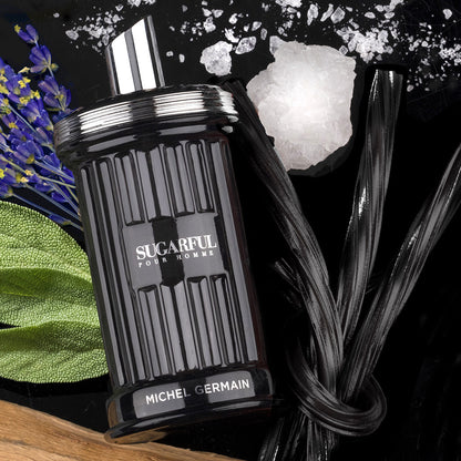Sugarful Pour Homme cologne bottle with fragrance ingredients