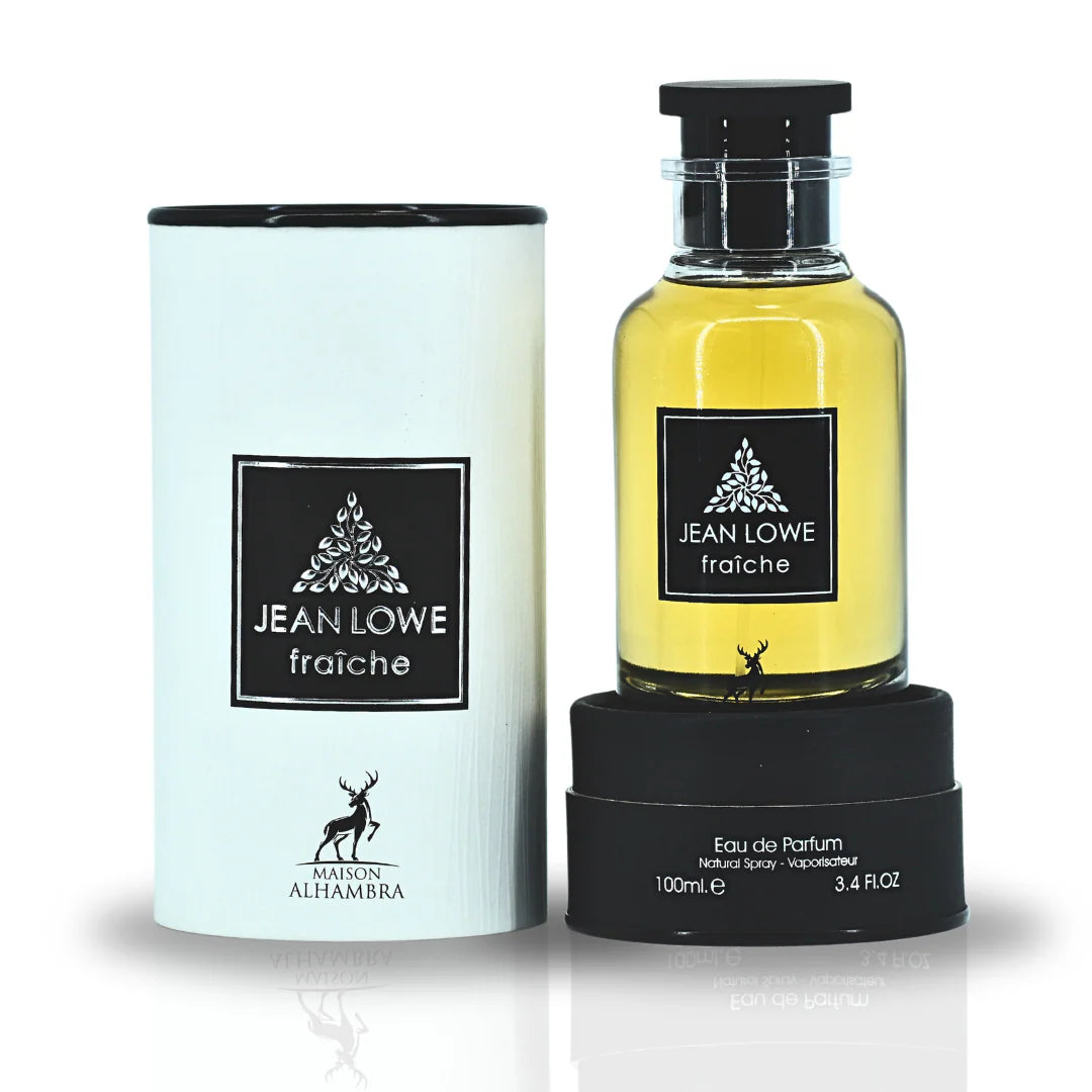 Perfume bottle and packaging with a brand logo on a white background